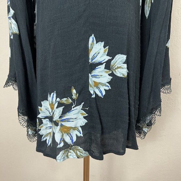 Free People Wanderer Mini Dress Gray Floral Cutout Long Bell Sleeve Lace Size XS - Picture 9 of 16